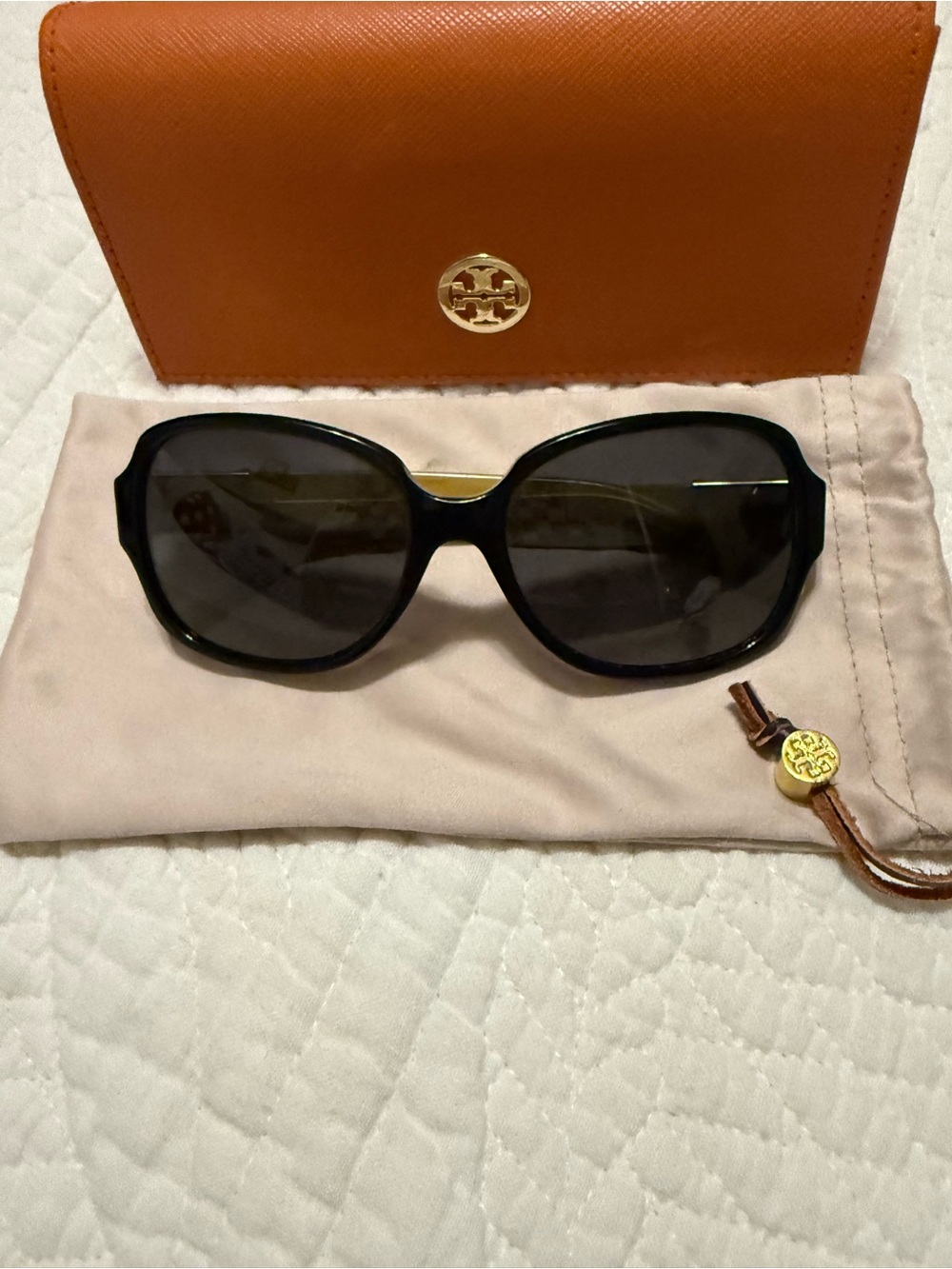 Tory Burch Black Sunglasses with Orange Case and Cream Pouch